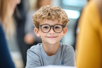 Smiling Young Boy with Glasses in Classroom Setting Engaging with Peers, Radiating Confidence and Curiosity, Capturing a Moment of Joyful Learning and Interaction in a Bright Environment