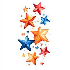 Obraz premium Colorful stars in various sizes, featuring red, blue, and orange hues, floating against a white isolate background.