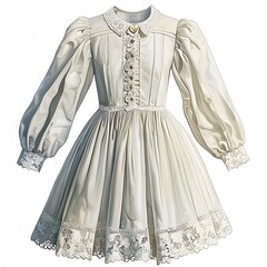 Obraz premium Elegant Off-White Girl's Dress with Puff Sleeves and Lace Trim, Isolated on White Background.