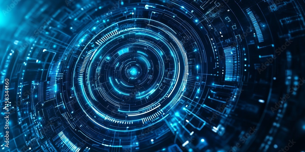 Poster abstract digital technology background with glowing blue circles and lines.