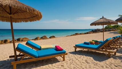 Obraz premium A stunning summer paradise awaits you - imagine a golden beach stretching out before you, the crystal clear ocean lapping at your feet, and a bright blue sky above. Wooden sun loungers and a colorful 