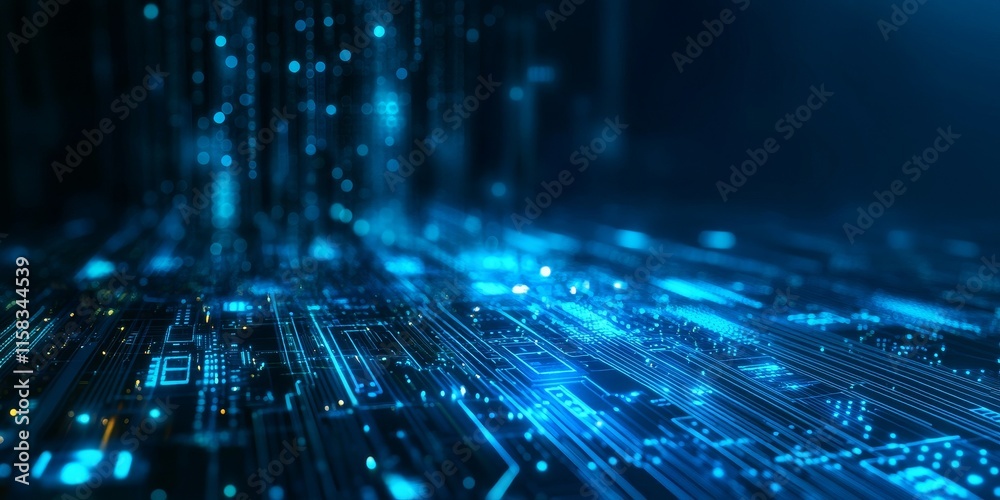 Poster Futuristic digital data stream flowing on circuit board.