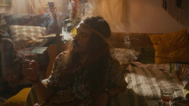 Medium shot of young Caucasian hippie guy in bright patterned hawaiian shirt, round hipster glasses, headband sitting in bedroom at home, enjoying smoking herbal cigarette, slowly blowing out smoke