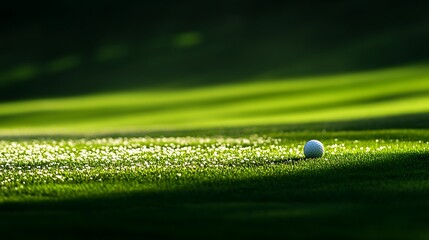 Isolated golf ball resting peacefully on a green field under soft daylight
