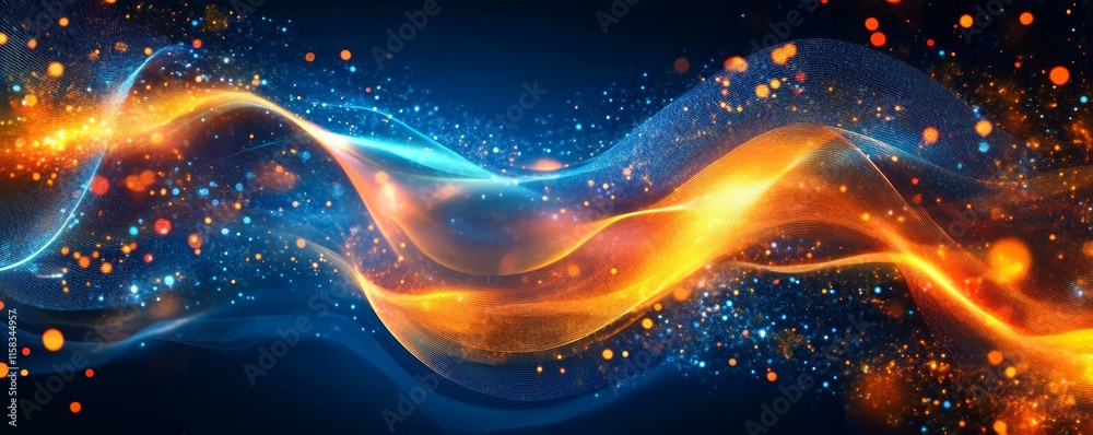 Poster abstract fiery and icy waves with glowing particles.