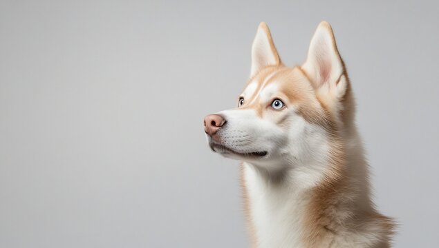 A close-up of a Siberian Husky with striking blue eyes against a neutral background.