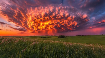 Fiery Sunset with Dramatic Mammatus Clouds