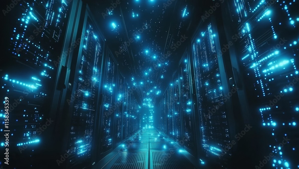 Poster Futuristic server room with glowing data streams.