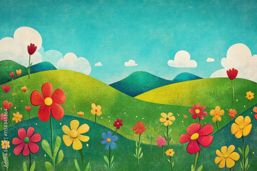 Fototapete colorful naive art style landscape with flowers and rolling hills creating a cheerful backdrop for t