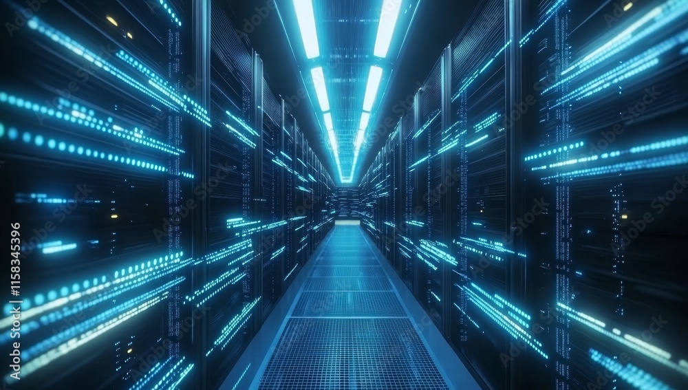 Poster Futuristic server room with glowing data streams. (1)