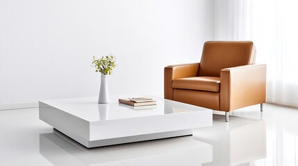 Sleek White Coffee Table Mockup: Modern Chair, Bright Room Photo. AI Generated
