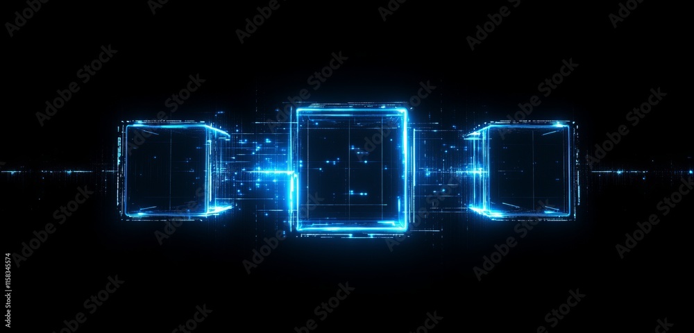 Poster glowing blue cubes connected by data stream on black background.