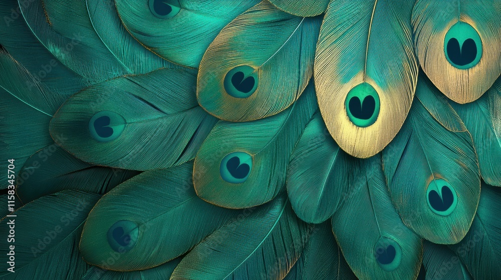 Fototapete Vibrant pattern of overlapping peacock feathers with room for text display. Generative AI