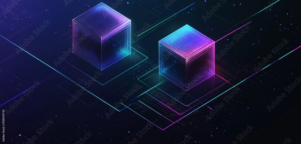 Poster Two glowing cubes on a dark circuit board, representing data or technology.