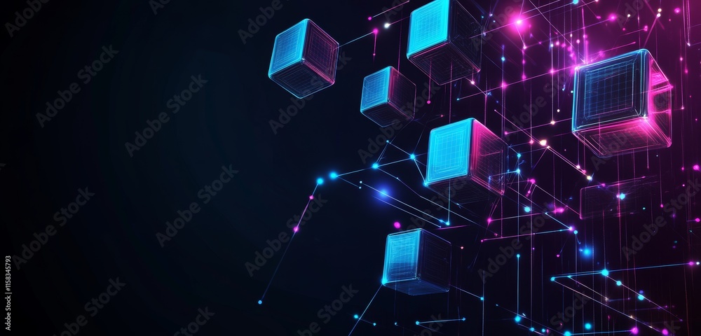 Poster Abstract digital network with glowing cubes and lines.