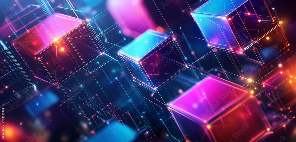 Poster Abstract glowing cubes connected by lines, digital network concept.