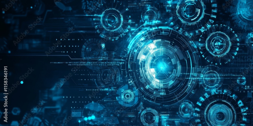 Poster Abstract digital technology background with glowing circles and data streams.