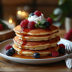 Golden Brown Fluffy Pancakes with Berries and Whipped Cream, Served on a Textured White Plate in a Kitchen Setting for Food Advertising or Recipes