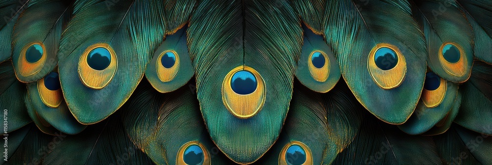 Poster Overlapping peacock feathers create a vibrant decorative pattern with ample space for text placement. Generative AI