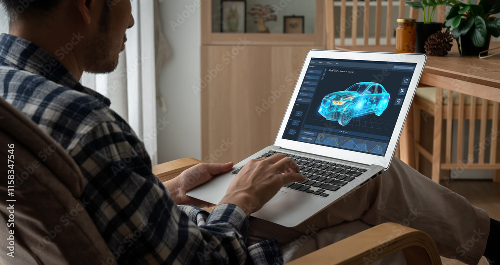 Poster electric car design software on computer screen showing simulation blueprint snugly by digital calcu