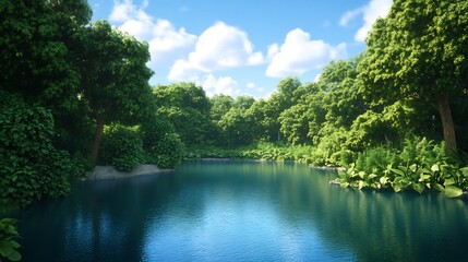 Fototapeta premium Lush Tropical River Scene: Vibrantly Detailed 3D Render of a Tranquil Summer Day. AI Generated