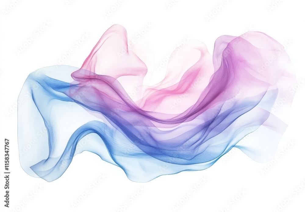 Poster abstract flowing fabric with pink and blue color gradient on white background.