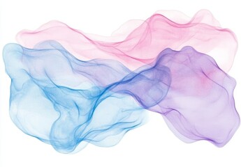 Abstract pastel pink, blue, purple smoke or wave design on white background.