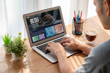 blogging concept, web blog Social Media Information network snugly. social media online content, freelance worker, working online, content creator, blogger, website, reading blog online on computer