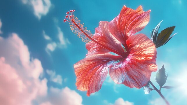 A vibrant hibiscus flower against a bright sky, showcasing its intricate petals and structure.
