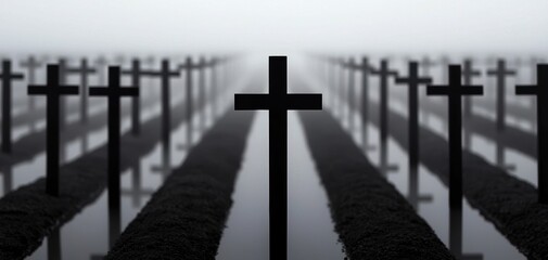 Naklejka premium A haunting landscape featuring numerous dark crosses emerging from a foggy background, symbolizing reflection and remembrance.