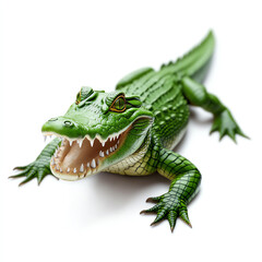 Obraz premium A detailed, green toy crocodile with bared teeth on a white isolated background.