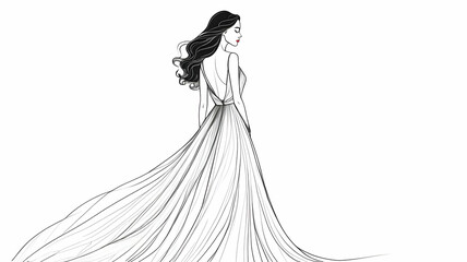 Beautiful woman in long flowing dress in continuous line art drawing style. Girl wearing luxury evening or bridal gown. Minimalist black linear sketch isolated 