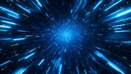 Abstract blue light streaks radiating from bright center in dark space.