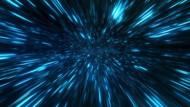 Abstract blue light streaks radiating from center, simulating hyper speed or warp travel through space. - Powered by Adobe