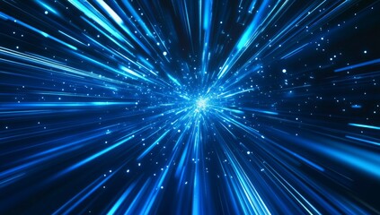 Naklejka premium Abstract blue light streaks radiating outwards from a central point, resembling a burst of energy or speed.