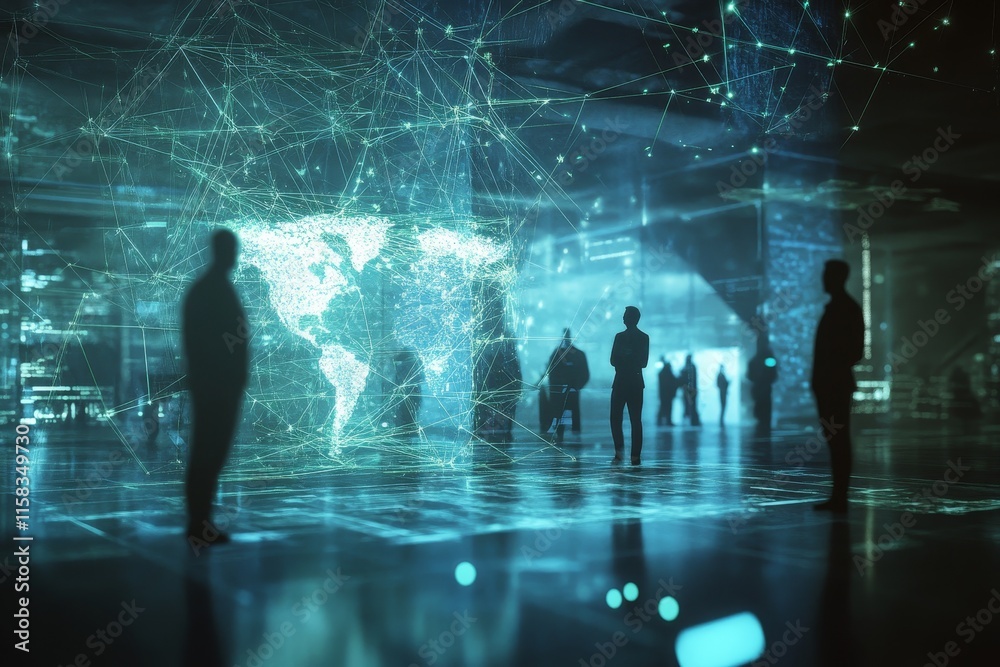 Poster silhouetted figures stand in a futuristic space, observing a global network projection on the floor.