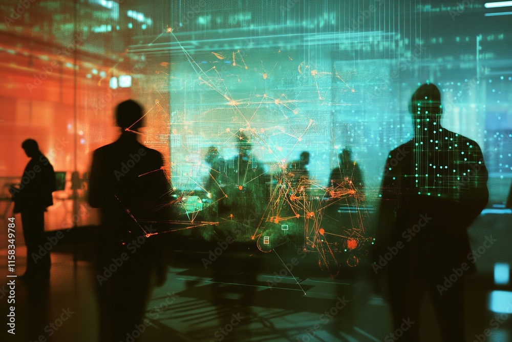 Poster Silhouetted figures in a room with a futuristic data visualization projection.