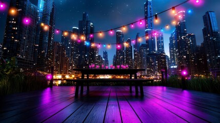 Fototapeta premium Urban Rooftop Celebration, a vibrant gathering on a city rooftop, guests mingling under a starry night sky, twinkling lights creating an enchanting atmosphere.