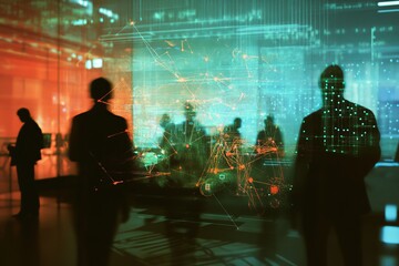 Silhouetted figures in a room with a futuristic data visualization projection.