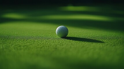 Close view of a single golf ball on a soft green grass field in sharp focus