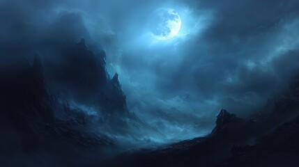 Fototapeta premium A dark, atmospheric landscape illuminated by a large moon amidst swirling clouds.