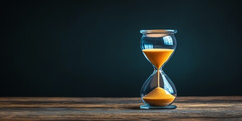 Hourglass on wooden surface against dark background. (1)
