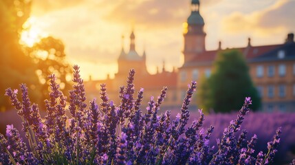 Naklejka premium A vibrant lavender field at sunset, with a historic building in the background.