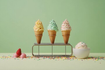 Three pastel soft serve ice cream cones with sprinkles on a stand, next to a bowl of ice cream and candy.