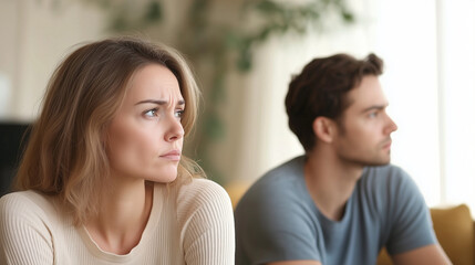 Fototapeta premium Serious sad woman thinking over a problem, man aside, meeting therapist, poor chance of getting pregnant after 40, unmet expectations, unable to handle family finances, interested in different things