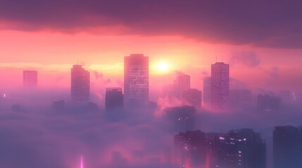 Fototapeta premium Fog Over Urban Skyline at Sunrise