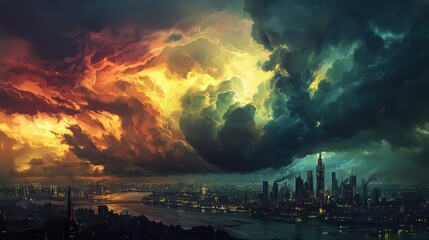 Dramatic Storm Clouds Over Distant Cityscape