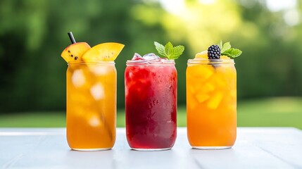 Refreshing Iced Tea Variations: Close-up Photo of Vibrant Summer Drinks Outdoors. AI Generated