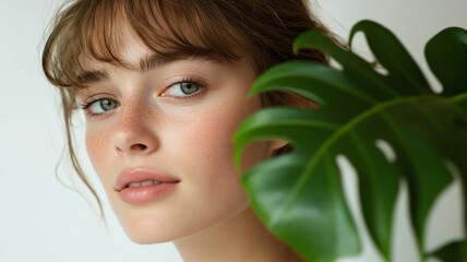 Fototapeta premium Woman Portrait with a green leaf 