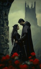 Naklejka premium Romantic encounter between a warrior and a mystic woman in a dark, enchanted landscape